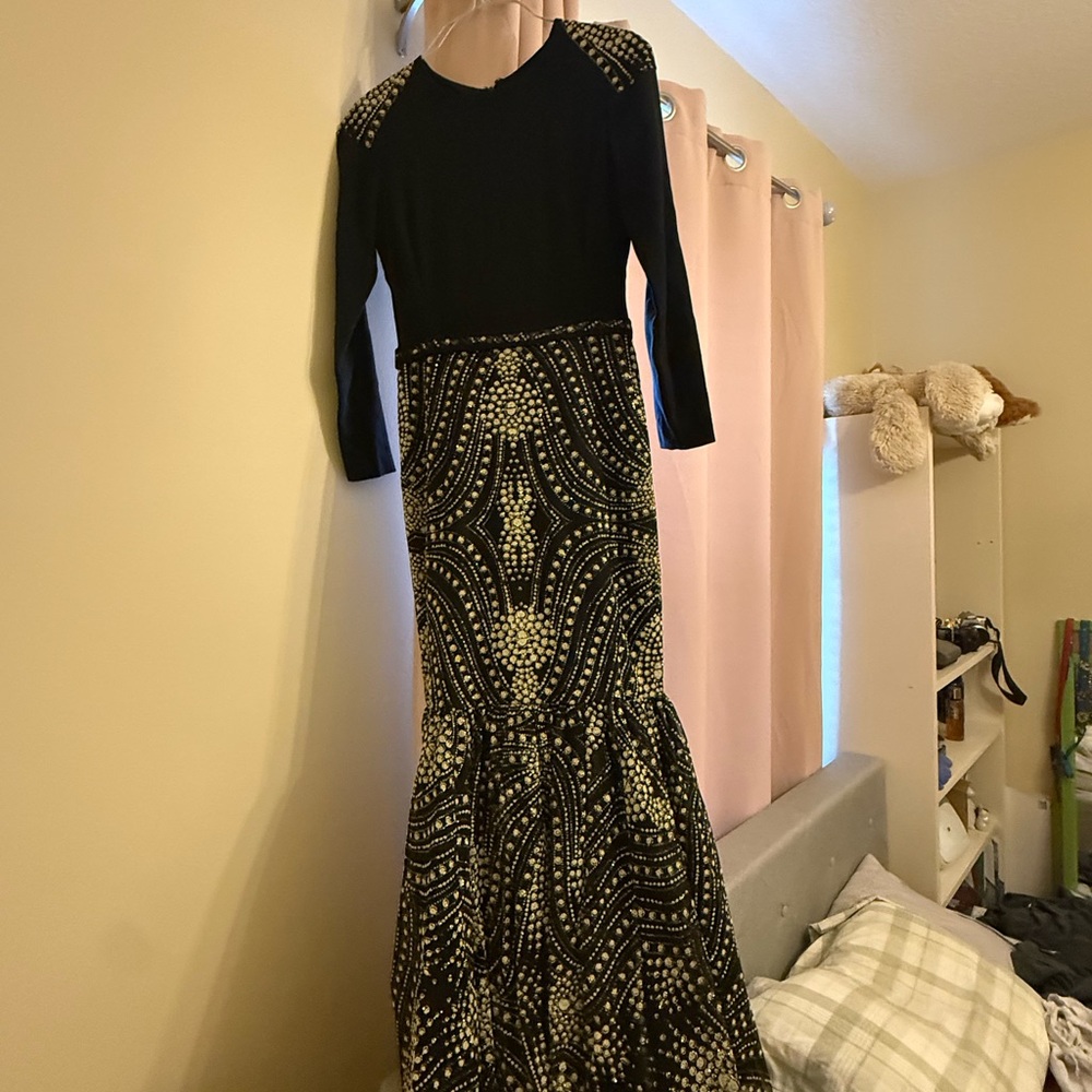 Saks Fifth Avenue Black and Gold Patterned Dress